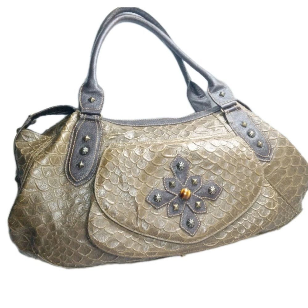 Vintage ERIC JAVITS Satchel Handbag Croco Embossed Large Purse Green & Brown